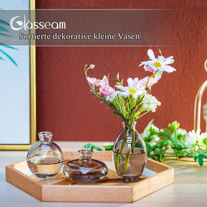 Kleine Vasen Für Tischdeko Vintage Handmade, 3 Teilig Mini Vase Glas Grau Blumenvase Modern Set Vers