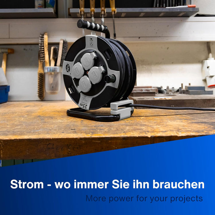 REV Kabeltrommel EX 25m Outdoor Verlängerungskabel aussen IP44, Ideal für Garten und Camping, 4-fach