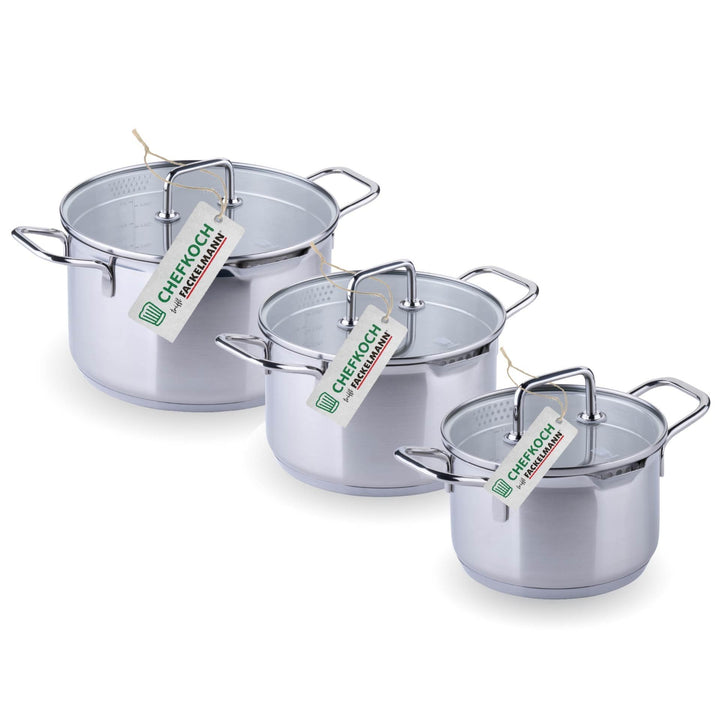 Chefkoch trifft Fackelmann Kochtopf-Set mit Glasdeckel Ø16, 20, 24cm – Aus Premium Edelstahl mit Alu