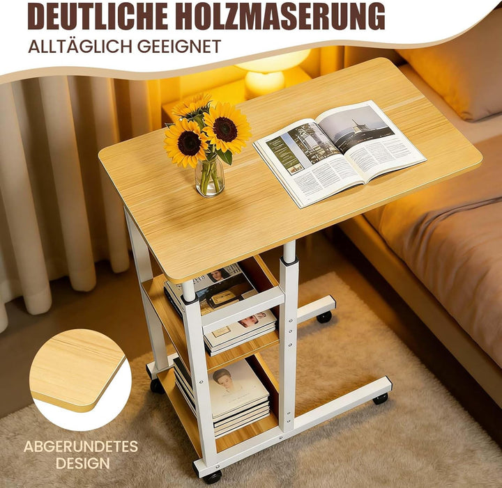 MYKAGS C-förmig Verstellbarer Couchettisch mit verschliessbaren Rollen und 2 Aufbewahrungsregalen, T