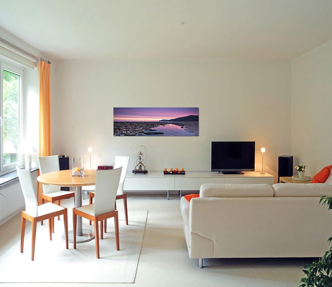 Paul Sinus Art Panoramabild auf Leinwand und Keilrahmen 150x50cm England Wasser Steine Berge Sonnena