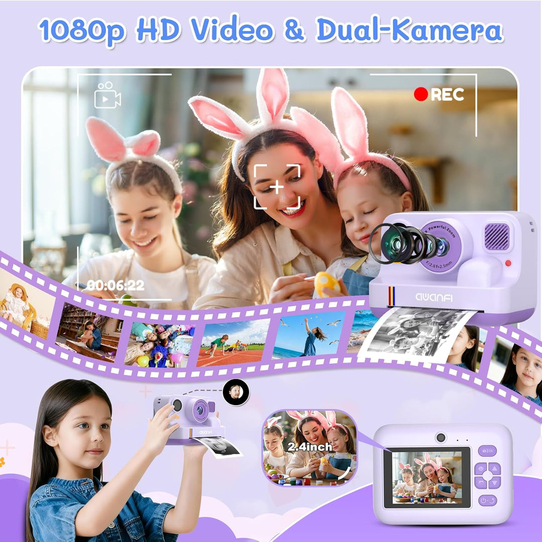 Kinderkamera Sofortbildkamera, 1080P Sofortbildkamera Kinder mit 32GB Karte & 3 Rollen Druckpapier,