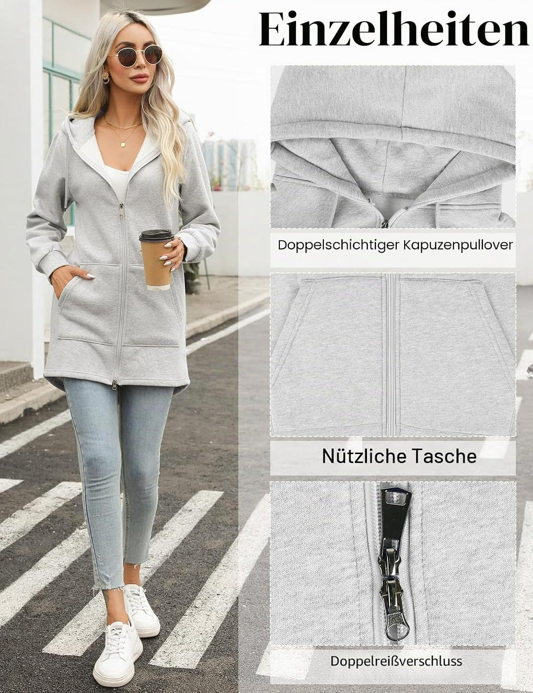 Tuopuda Sweatjacke Damen Lange Übergangsjacke Hoodie Jacke Oversize Reissverschluss Winterjacke Lang