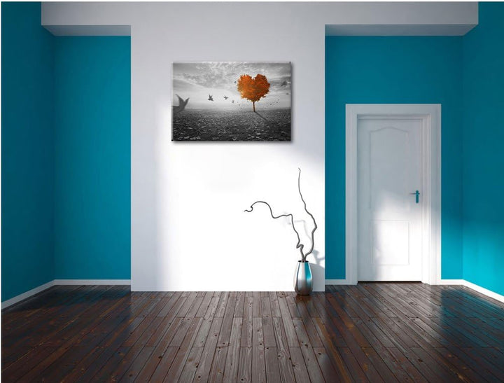 Roter Herzbaum im Herbst schwarz/weiss Format: 100x70 auf Leinwand, XXL riesige Bilder fertig gerahm