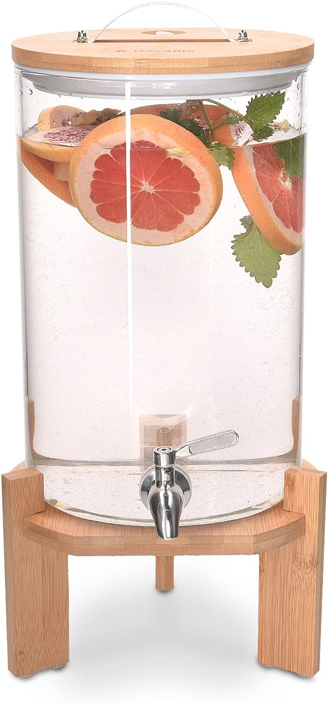 Navaris 7L Getränkespender mit Zapfhahn aus Edelstahl - Glas Wasserspender mit Stand aus Bambus Holz