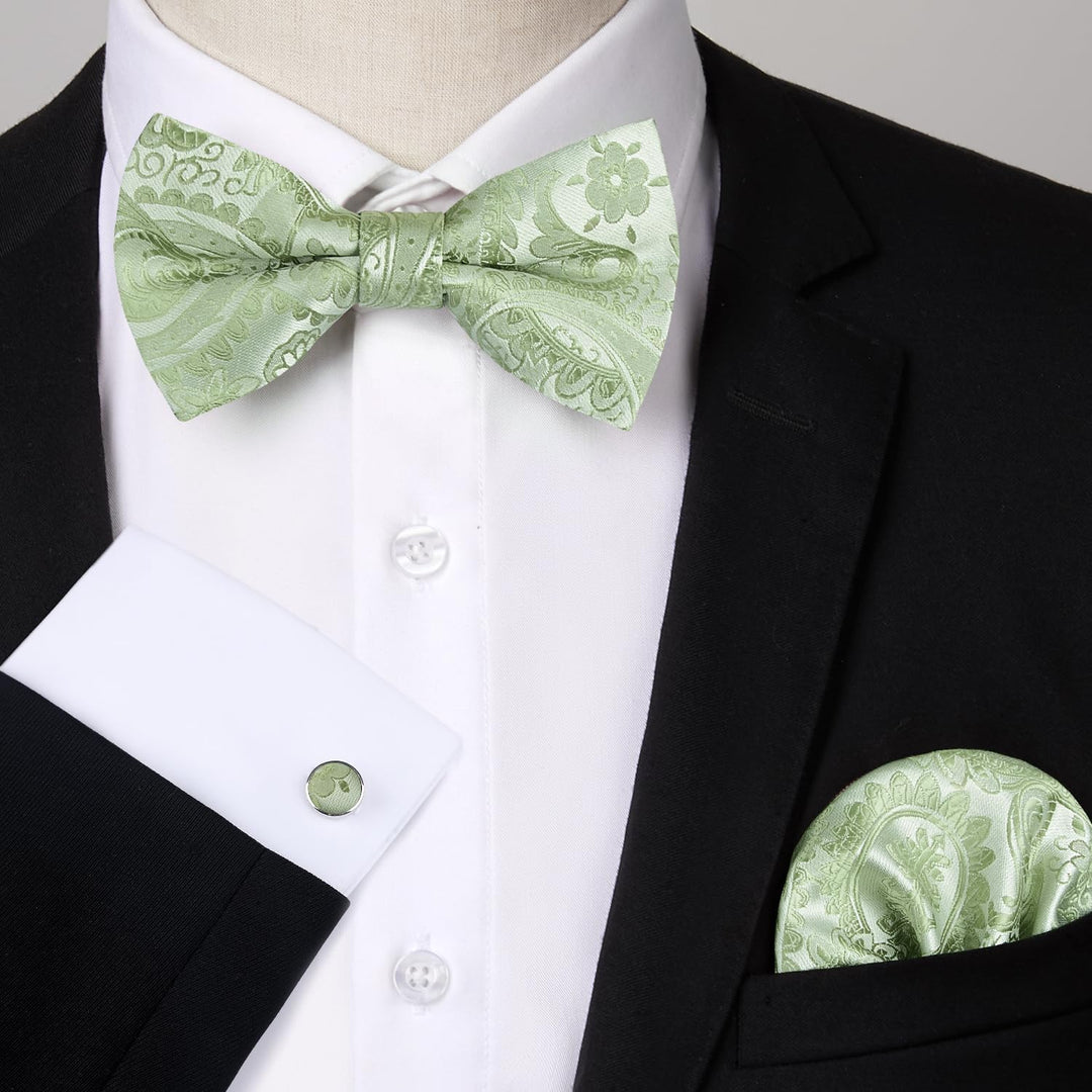 HISDERN Herren Paisley Fliege und Einstecktuch mit Manschettenknöpfe Set,Schleife mit Haken - Bereit