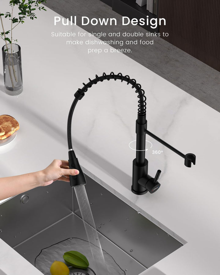 APPASO Wasserhahn Küche Schwarz, Hochdruck Mischbatterie mit 3 Strahlarten, 360° Drehbar Spültischar