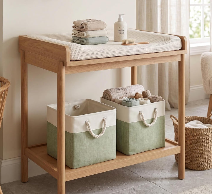 Aufbewahrungsboxen Stoff,körbe Aufbewahrung für Spielzeug Regal Garderobe,Waschbar(Grün/Weiss, 3 Pac
