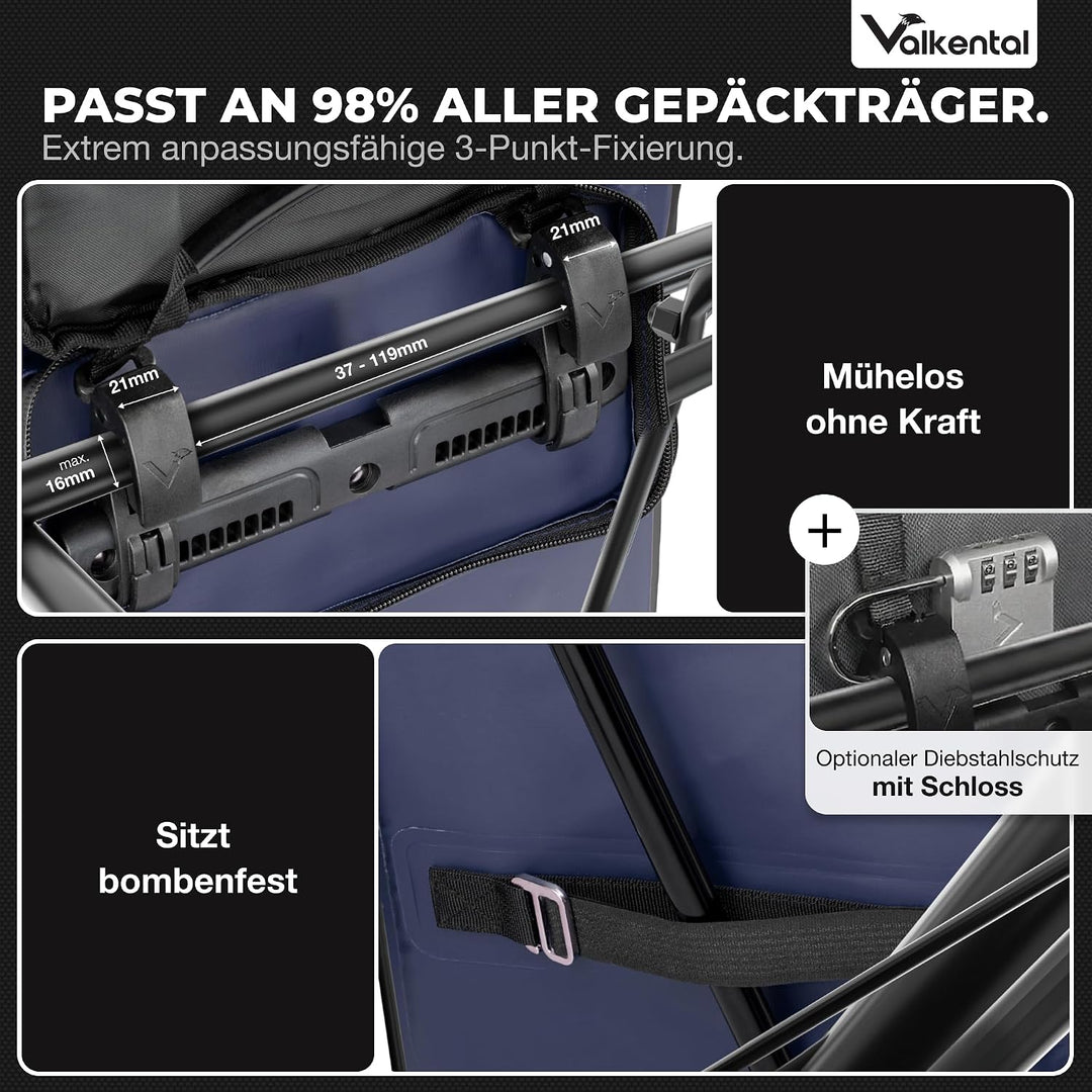 Valkental® 3in1 Fahrradtasche [Bis 25L] - Das Original - Geeignet als Gepäckträgertasche, Rucksack u
