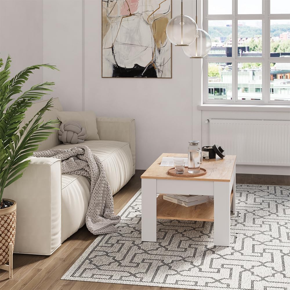 Vicco Couchtisch Milan, Wohnzimmertisch mit Schublade, Weiss/Goldkraft Eiche, 92.2 x 65 cm, Weiß