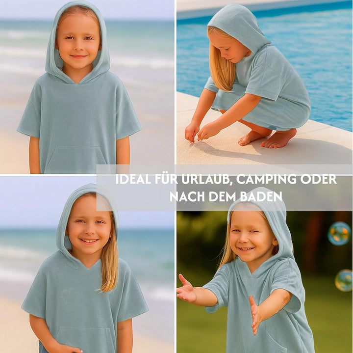 Leicht Frottee Badeponcho Kinder - Mädchen Jungen Baumwolle Poncho Handtuch Bademantel Badetuch Surf