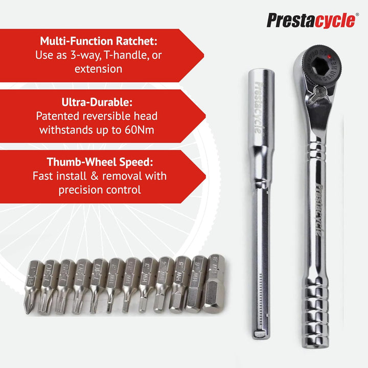 Prestacycle Pro T-Griff Ratschen-Set mit (12) S2-Bits und (2) runden Bithaltern - Kompaktes Desktop/