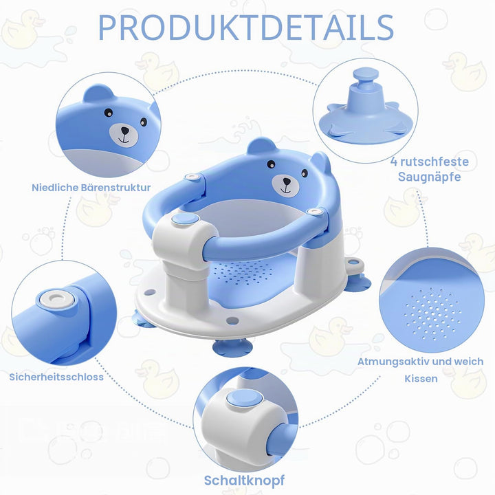 Badewannensitz Baby ab 6 Monate, Bär Rutschfester Badesitz Baby mit 4 Saugnäpfen und Kissen für Klei
