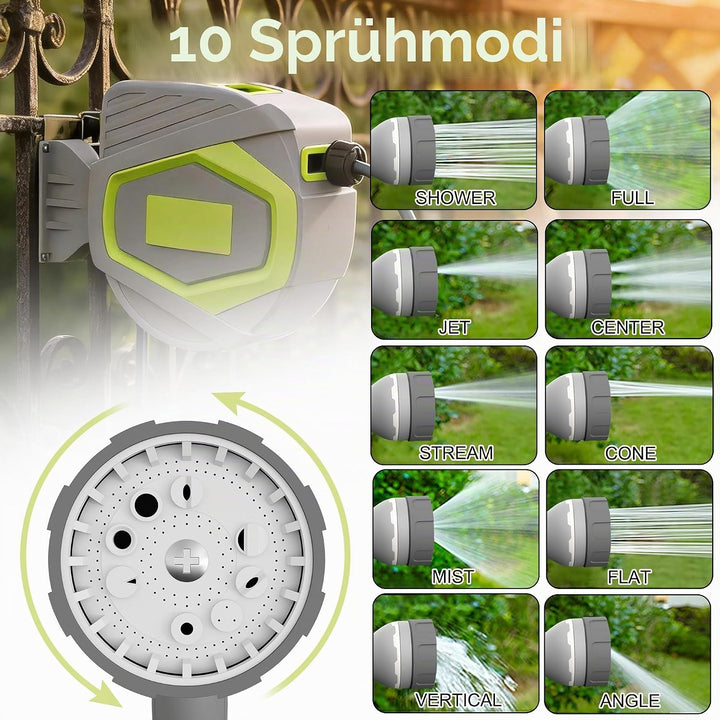 YRHome 30m Gartenschlauch Schlauchtrommel Wandmontage, Automatik Aufrollfunktion, 10 Funktionen Sprü