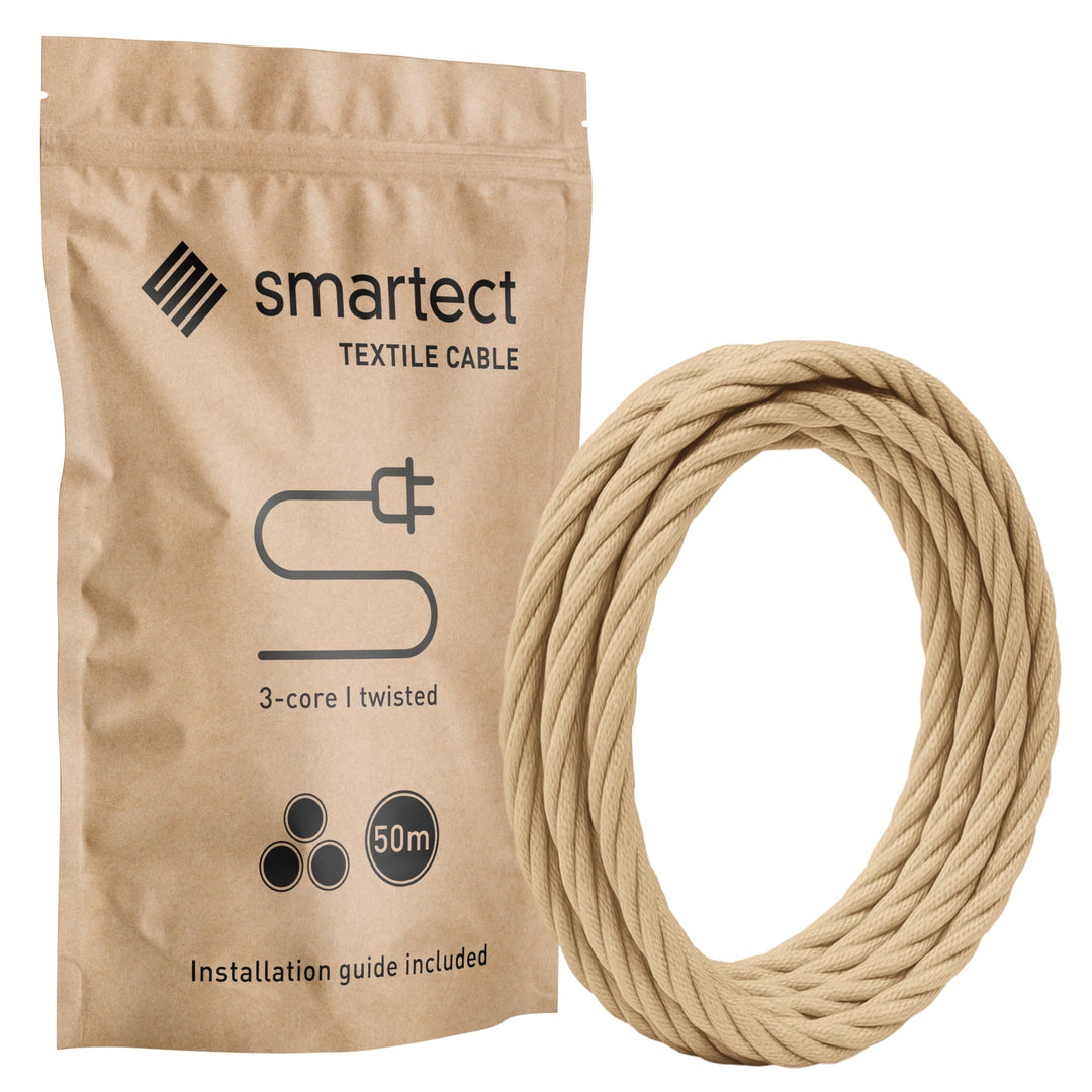smartect Textilkabel Hellbraun, 50 Meter Vintage Lampenkabel Stoff Gedreht, 3-Adrig (3 x 0.75 mm²) S