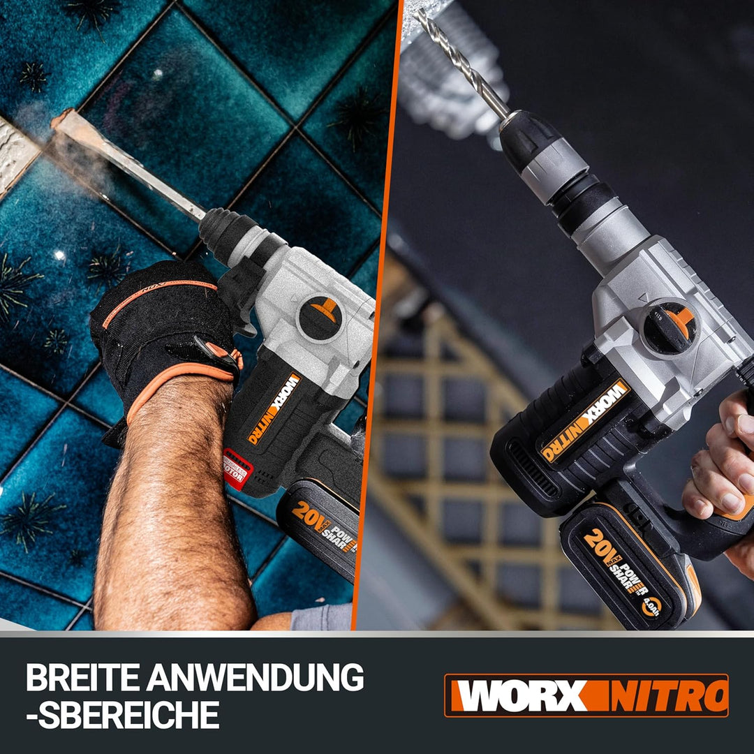 WORX NITRO WX380 Akku-Bohrhammer 20V - zum Bohren, Hammerbohren & Meisseln - bürstenloser Motor - st