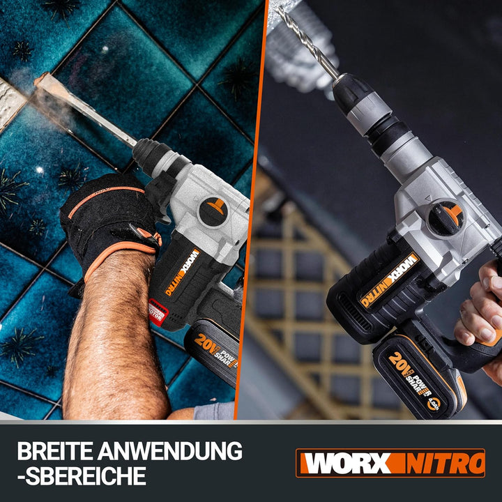 WORX NITRO WX380 Akku-Bohrhammer 20V - zum Bohren, Hammerbohren & Meisseln - bürstenloser Motor - st