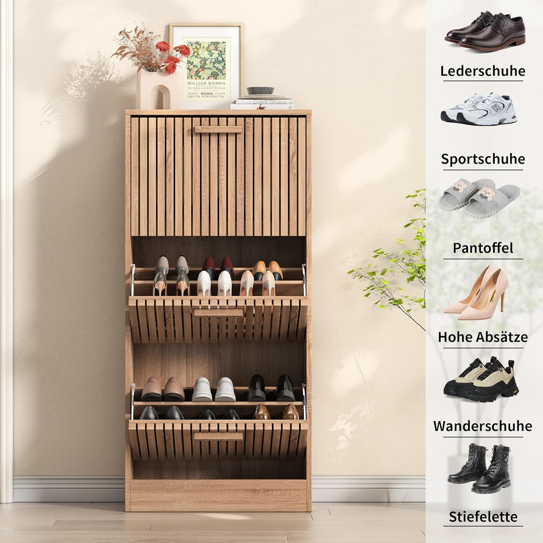 Schuhschrank mit 3 Klappen, Rattan Schuhschrank mit 6 Ablageflächen, Holz Schuhkommode, Freistehende