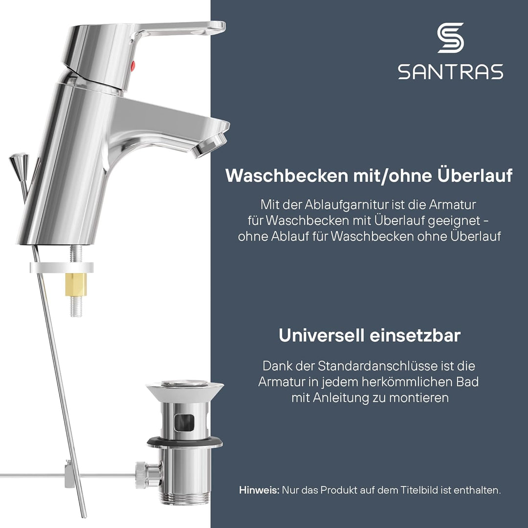 SANTRAS® Waschtischarmatur für das Bad mit Exzenter Ablaufgarnitur und Zugstange in Chrom – Einhebel