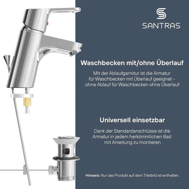 SANTRAS® Waschtischarmatur für das Bad mit Exzenter Ablaufgarnitur und Zugstange in Chrom – Einhebel