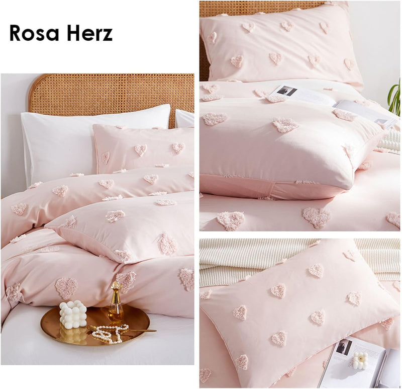 Freyamy Böhmen Bettwäsche 200x200cm 3teilig Rosa Getuftet Herz Boho Bettwäsche Stickerei Shabby Chic