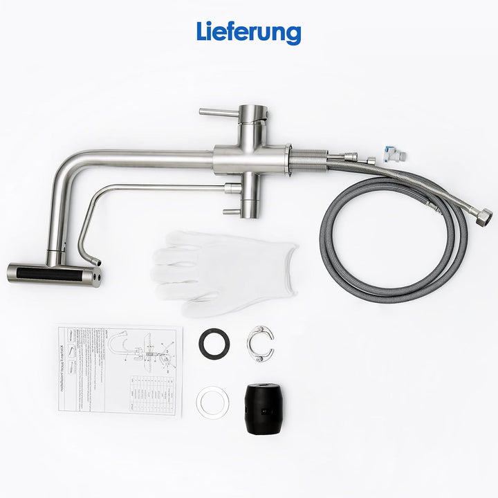 ROVOGO 3 Wege Wasserhahn Küche mit Filter, Küchenarmatur Ausziehbar mit 4 Strahlarten Brause, Doppel