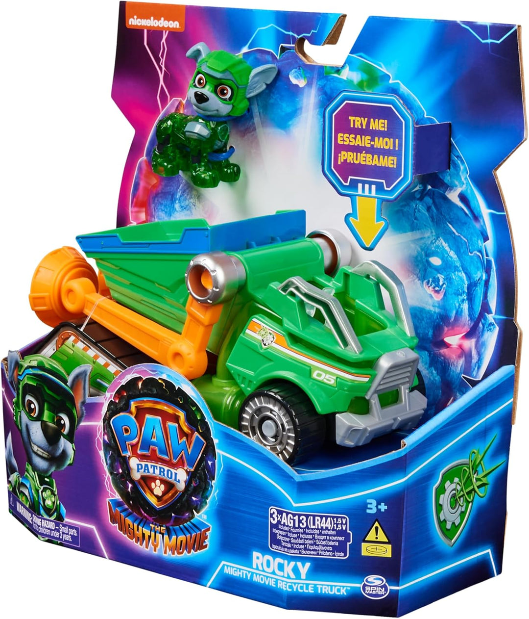 Spin Master PAW Patrol: Der Mighty Kinofilm, Superhelden-Basis-Fahrzeug von Rocky mit Welpenfigur, M