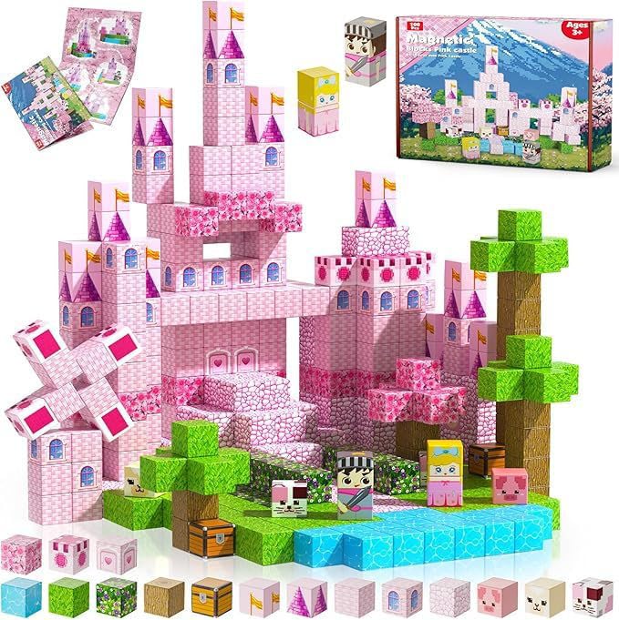 MEESHEEP Magnetische Bausteine Pink Schloss, Baue Genau Die Abgebildeten Modelle | STEM Montessori-S