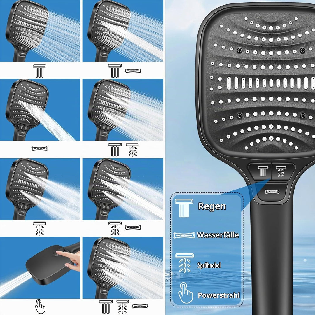 Duschkopf Gross Hochdruck – XXL Regenduschkopf mit 8 Strahlarten, Wassersparende Handbrause für Luxu