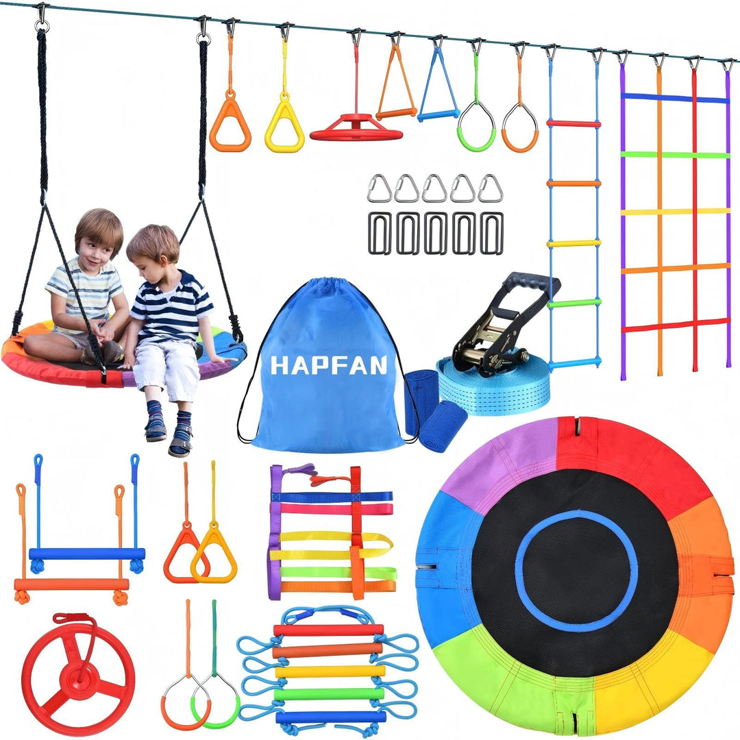 Hapfan 15M Ninja Slackline Kinder Nestschaukel Outdoor Set mit Seilrolle, Ninja Warrior Parcours Kin