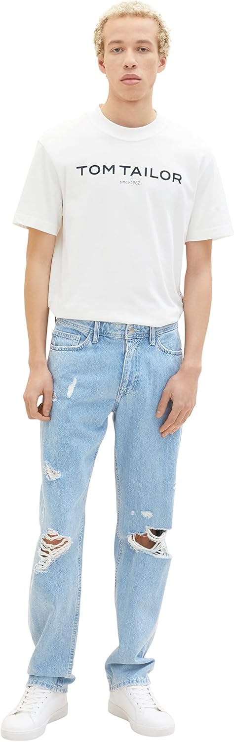 TOM TAILOR Denim Herren 90's Straight Fit Jeans 28 10121 - Destroyed Bleached Blue Denim, 28 10121 -