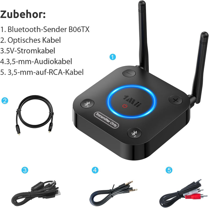 1Mii B06TX Bluetooth 5.3 Sender für TV, Bluetooth Transmitter mit aptX HD & Low Latency, 2 Kopfhörer