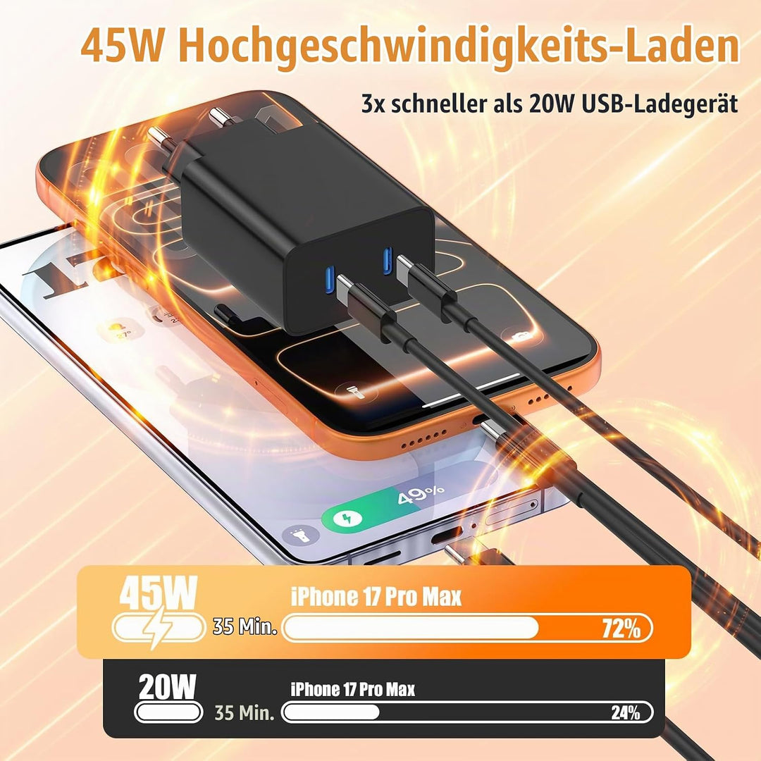 45W Dual Port USB C Ladegerät für Samsung Galaxy S26/S25 Ultra,USB C Schnellladegerät Adapter Netzte
