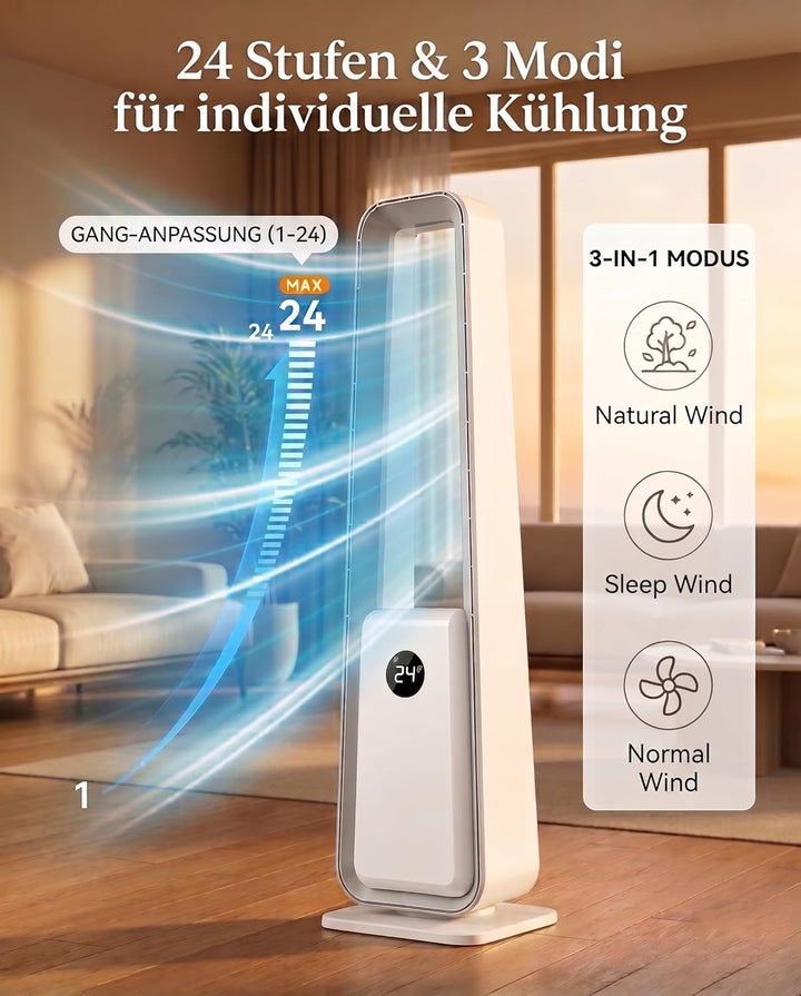 Turmventilator Rotorloser Ventilator: Standventilator ohne Flügel mit Fernbedienung, 24 Stufen, 3 Mo