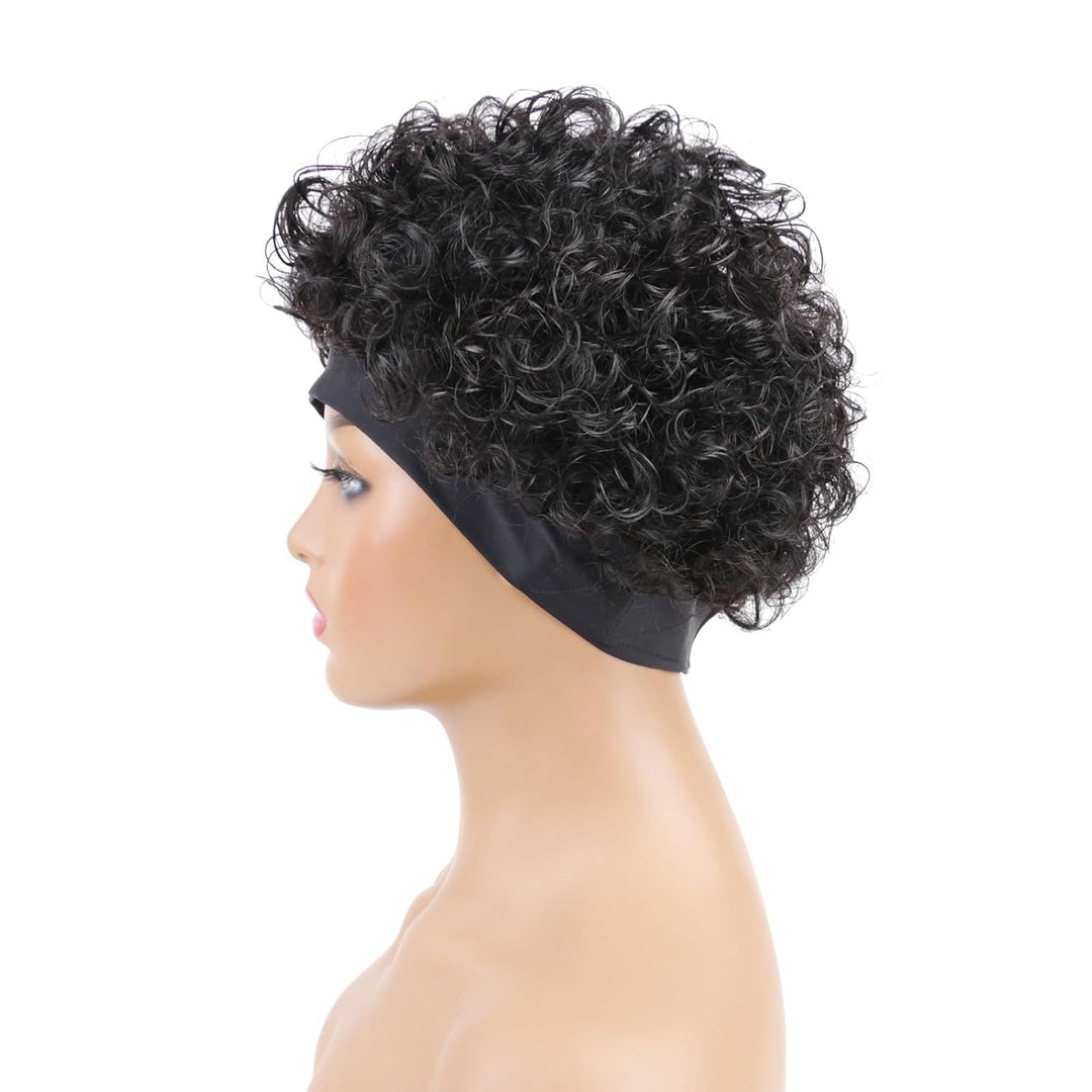 Huarisi Short Curly Pixie Cut Wigs for Women Human Hair Black Headband Bob Wig Glueless None Lace We