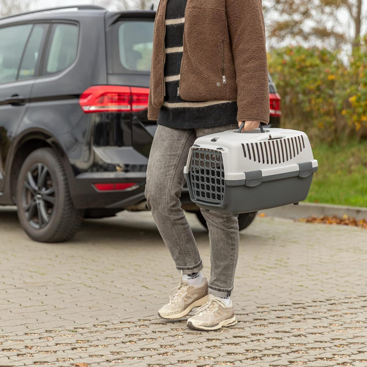 TRIXIE Transportbox Capri 2 – XS-S: 34 × 31 × 55 cm, hellgrau/flieder, Transportbox für Hunde bis 8