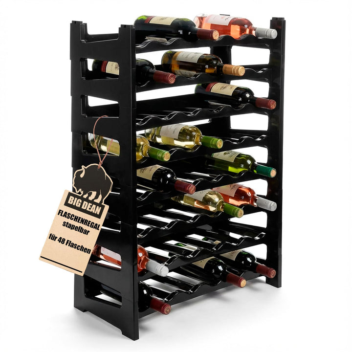 BigDean Flaschenregal stapelbar für 48 Flaschen Weinregal aus Kunststoff Schwarz Getränkeregal Flasc