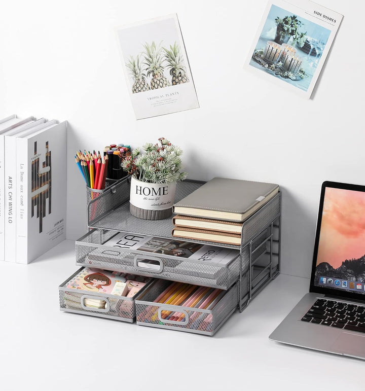 3-Trays Desktop Organizer mit Schublade, Mesh Büro Schreibtisch liefert Organizer Dokumenten Buchsta
