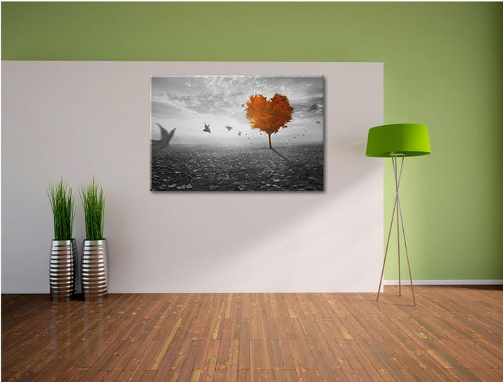 Roter Herzbaum im Herbst schwarz/weiss Format: 100x70 auf Leinwand, XXL riesige Bilder fertig gerahm