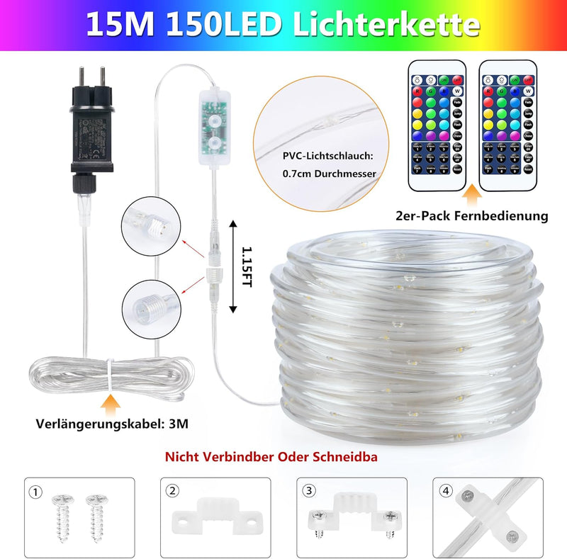 15M LED Schlauch Lichterkette Aussen Strom, Bunt Outdoor Lichterkette Lichtschlauch, 132 Modi IP68 W