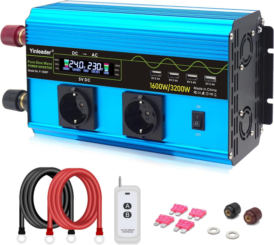 Yinleader Wechselrichter 24V 230V 1600W / 3200W Spannungswandler Reiner Sinus Wechselrichter mit 2 S