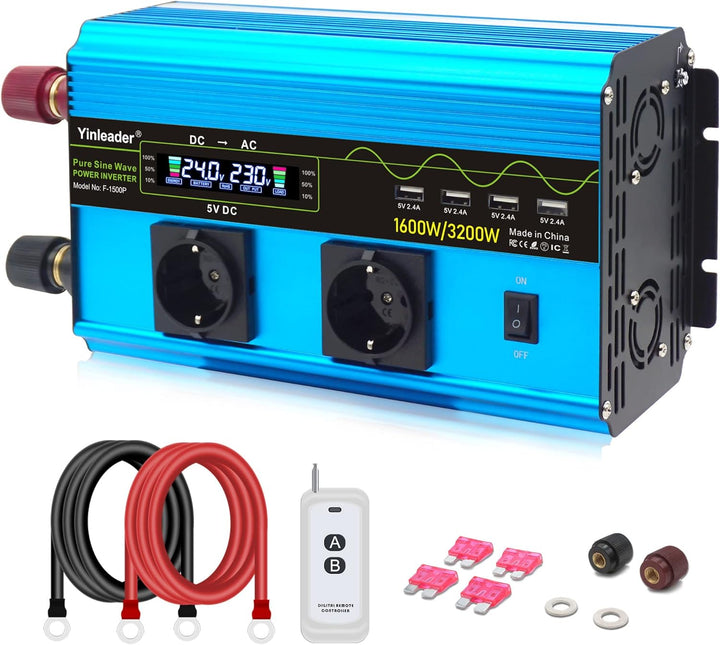 Yinleader Wechselrichter 24V 230V 1600W / 3200W Spannungswandler Reiner Sinus Wechselrichter mit 2 S