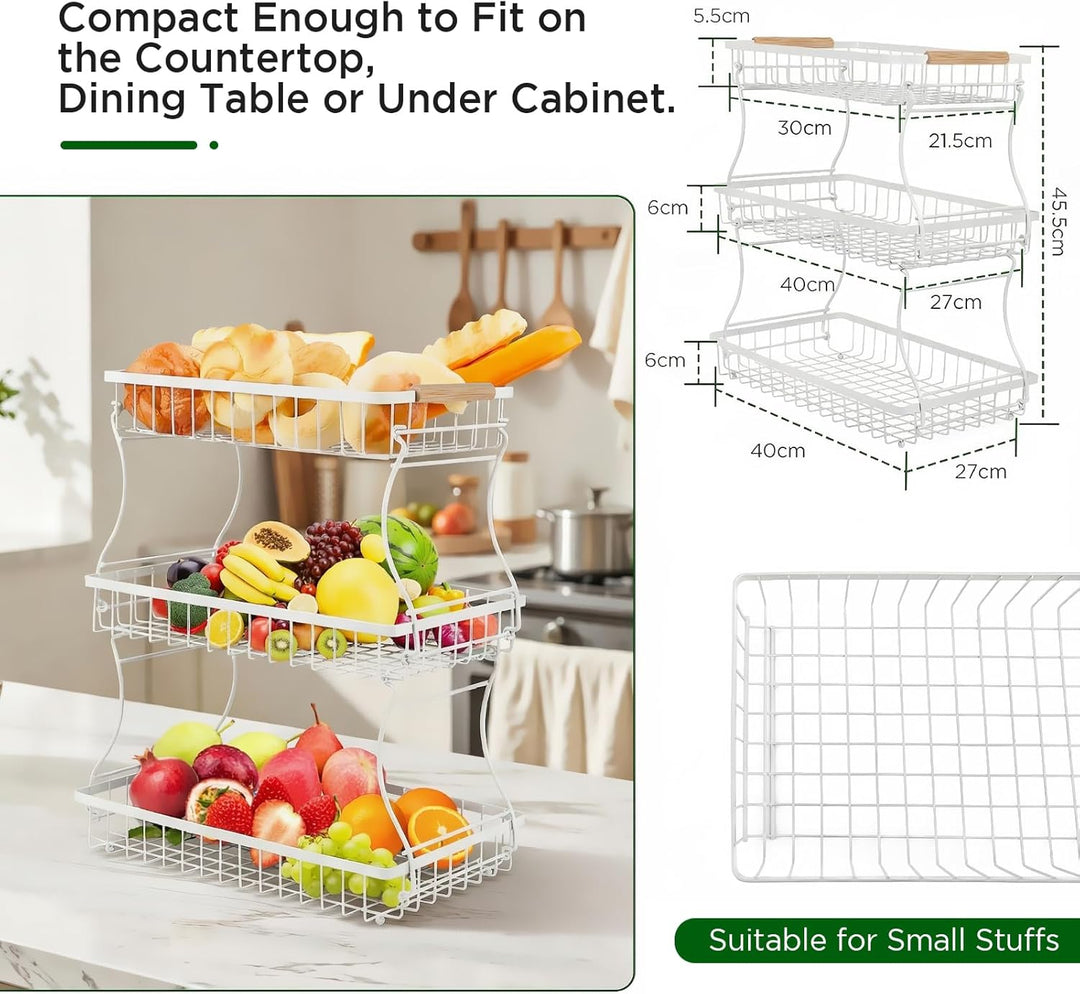 VINATO Obstschale, 3-stöckige Moderner Obstkorb mit Holzgriffen, für Küche, Bad & Mehr – Ideal für O
