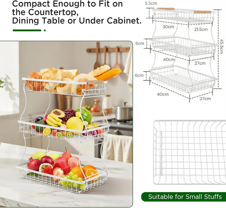 VINATO Obstschale, 3-stöckige Moderner Obstkorb mit Holzgriffen, für Küche, Bad & Mehr – Ideal für O