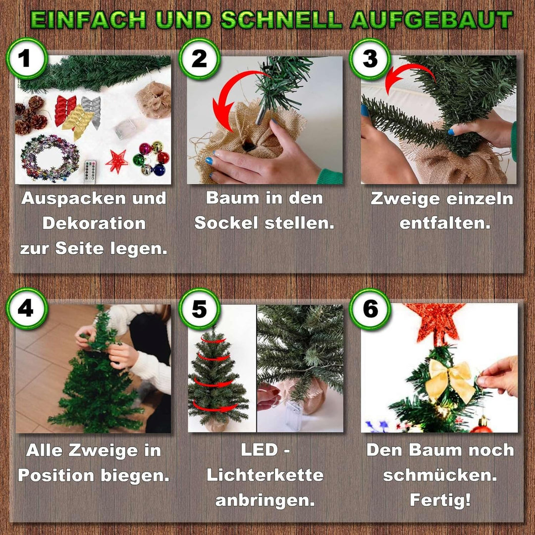 Weihnachtsbaum künstlich (WBD) 90 cm grün mit Weihnachtsdeko bunt und Led Lichterkette mit Batterieb