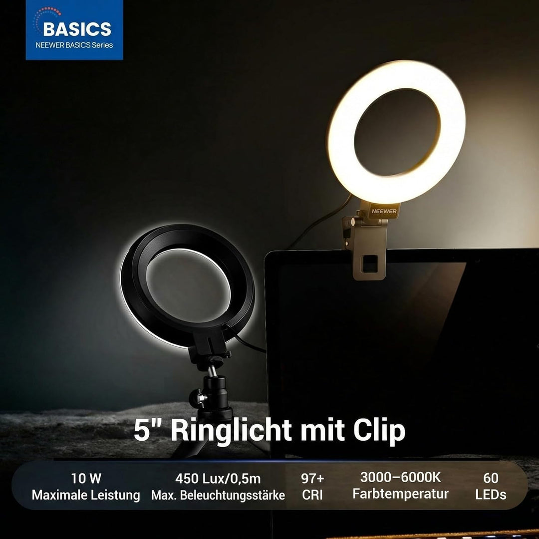 NEEWER BASICS 5" Ringlicht mit Klemme und Mini Stativ, 10W 3000k-6000K Dimmbares Ansteckleuchte für
