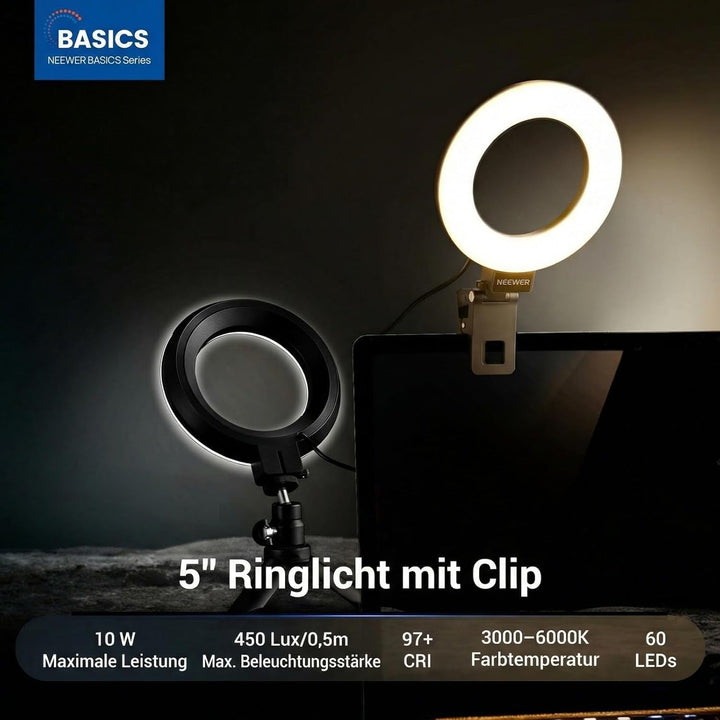 NEEWER BASICS 5" Ringlicht mit Klemme und Mini Stativ, 10W 3000k-6000K Dimmbares Ansteckleuchte für