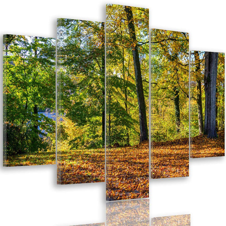 Wanddeko XXL Landschaft Leinwandbild 5 Teilig Herbst Wald Bäume bunt 100x70 cm Leinwandbild 100x70 c