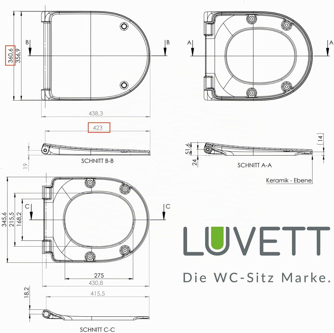 LUVETT® WC-Sitz D450 D-Form Weiss mit Absenkautomatik SoftClose, EasyClean (abnehmbar), Duroplast, e