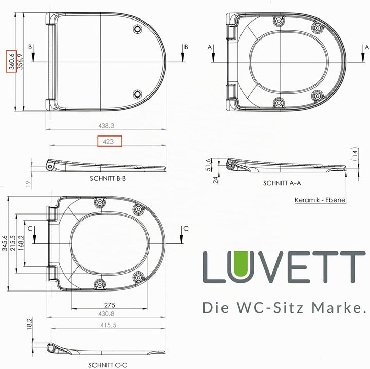 LUVETT® WC-Sitz D450 D-Form Weiss mit Absenkautomatik SoftClose, EasyClean (abnehmbar), Duroplast, e